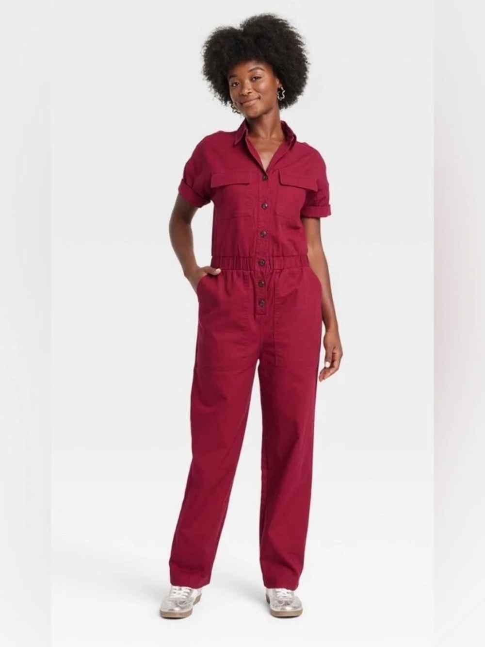 Universal Threads Button-Front Short Sleeve Burgundy Boiler Suit Jumpsuit